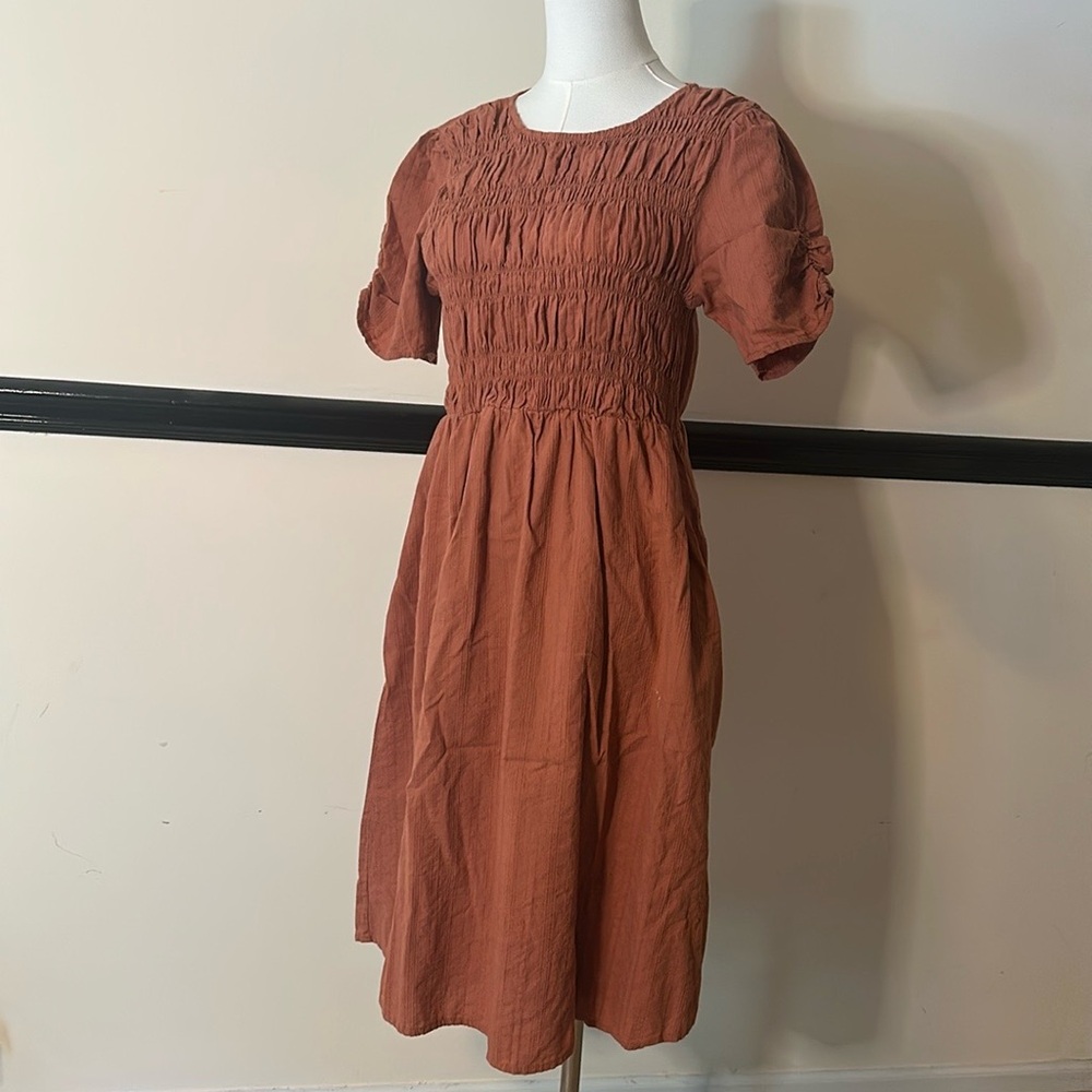 PIXIE Smocked Puff Sleeve Dress – Rust/Terracotta – Size 
L